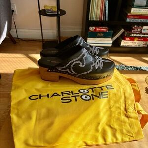 Charlotte Stone Black Mules with White Embroidery